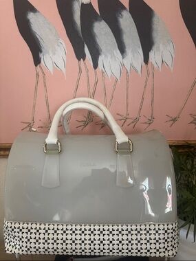 Furla Candy Bag Rubber Bowling Satchel Gray White Pattern Top Handle Bag